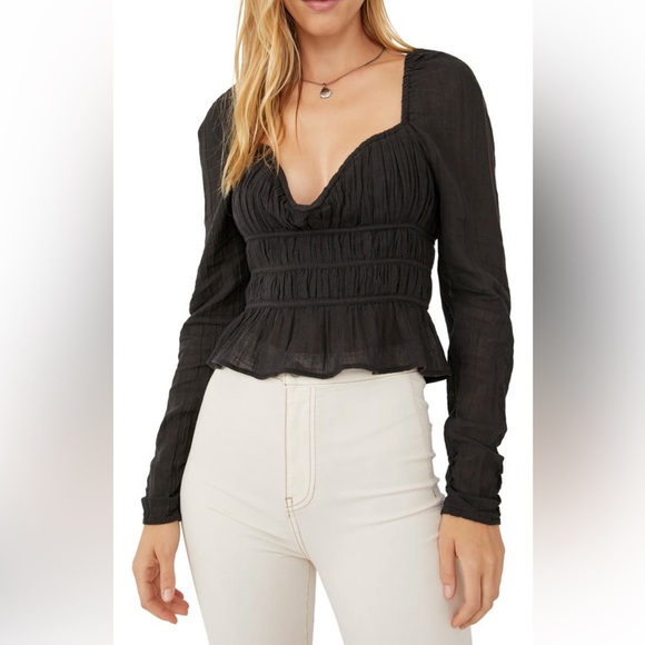 *Last Chance* Free People Chloe Smocked Tie Neck Cotton Top Black 🤍 - Picture 7 of 9